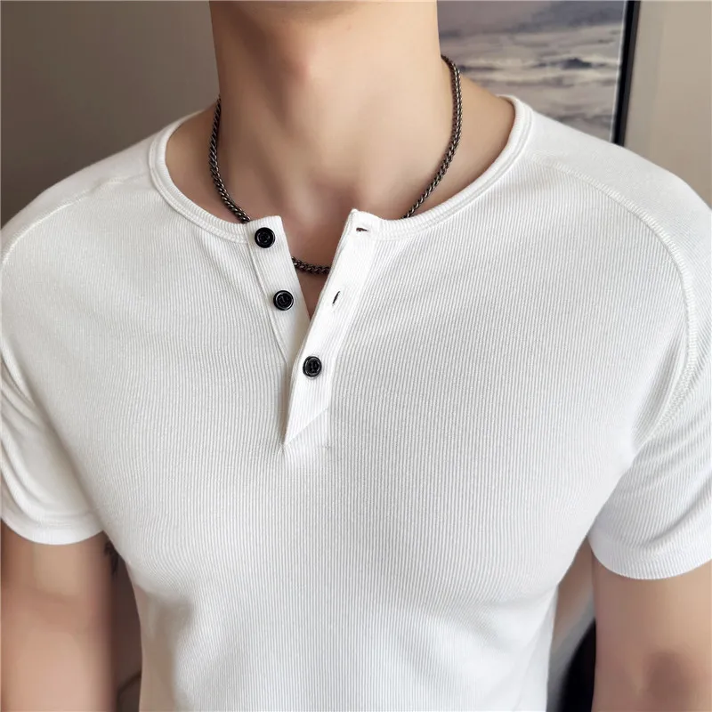 Men's Slim Fit Henley T-Shirt - Summer Short Sleeve Rib Knit Gym Workout Top | Stretchy Bodybuilding Muscle Tee for Fitness view 3