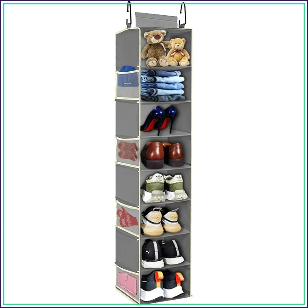 8-Shelf Hanging Shoe Organizer with Side Pockets, Large Storage for Closet, Grey