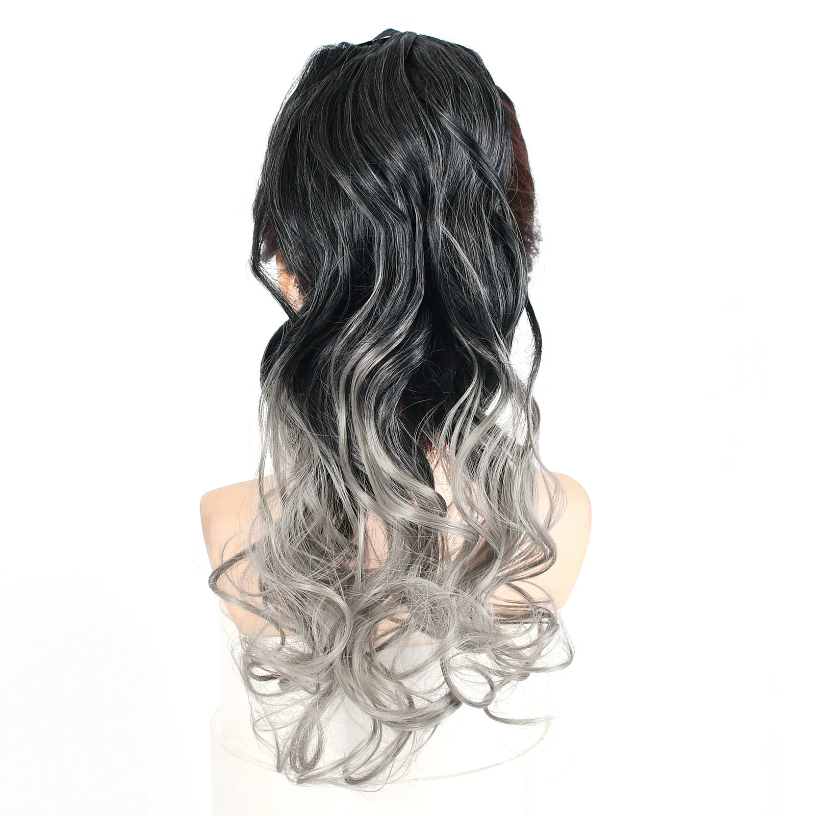 Jeedou Synthetic Ponytails Gray Color Long Straight&Wavy Hair Ribbon Drawstring Ponytail Hair Extension Hairpiece