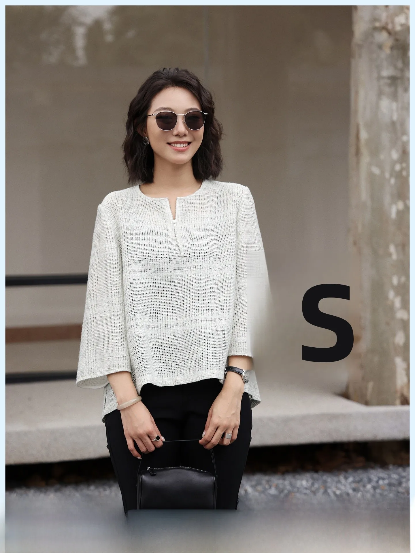 

Elegant Simple round Neck Long Sleeve T-Shirt Women's Loose Fit Summer Fashionable Open Split Cover up Top Breathable Polyester