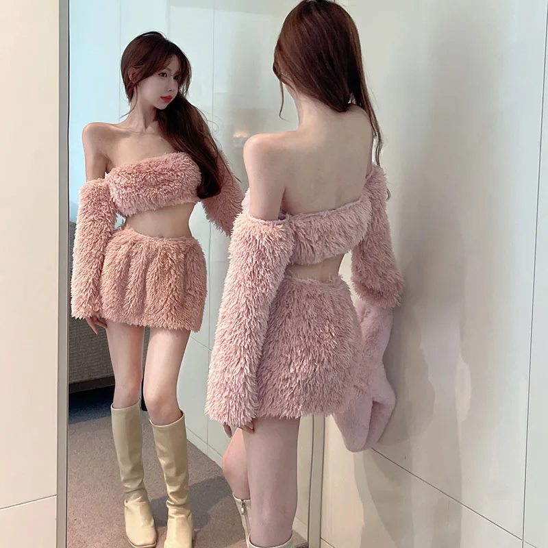 Sexy Plush Two Piece Sets for Women Pink Tue Top and Short Mini Skirt Suits Spring New Spicy Design Night Club 2 Piece Outfits