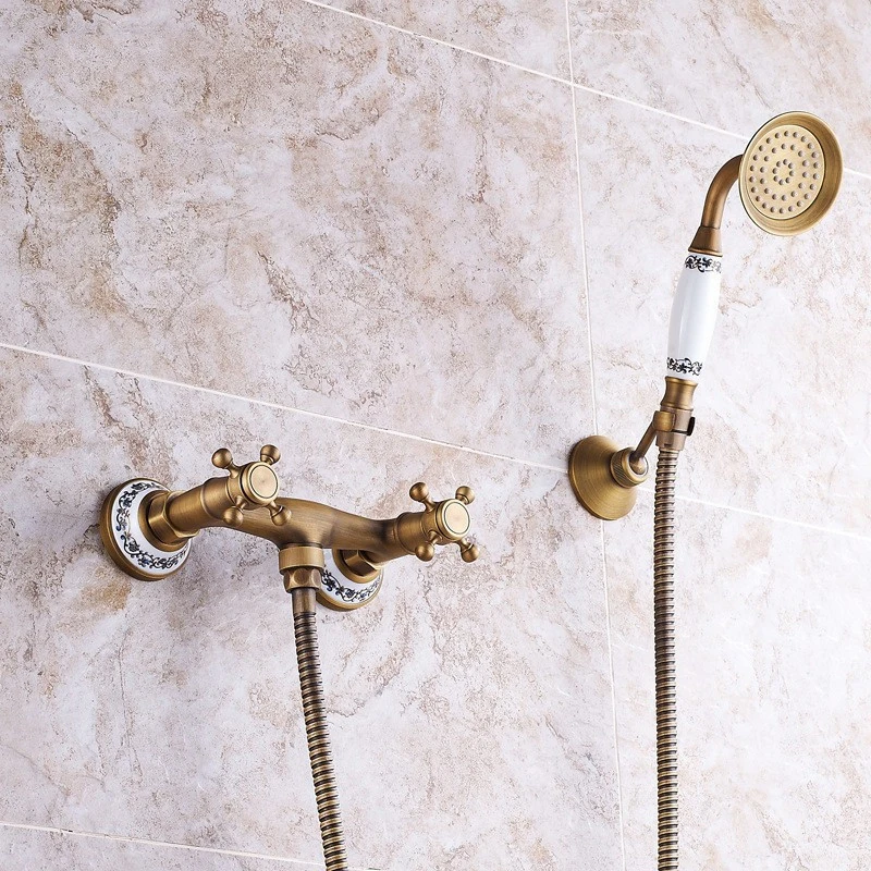 Antique Brass Bathroom Shower Faucet Set With Basin Tap Brass Shower Faucet Bathtub Water Mixer Tap Hot and Cold Water