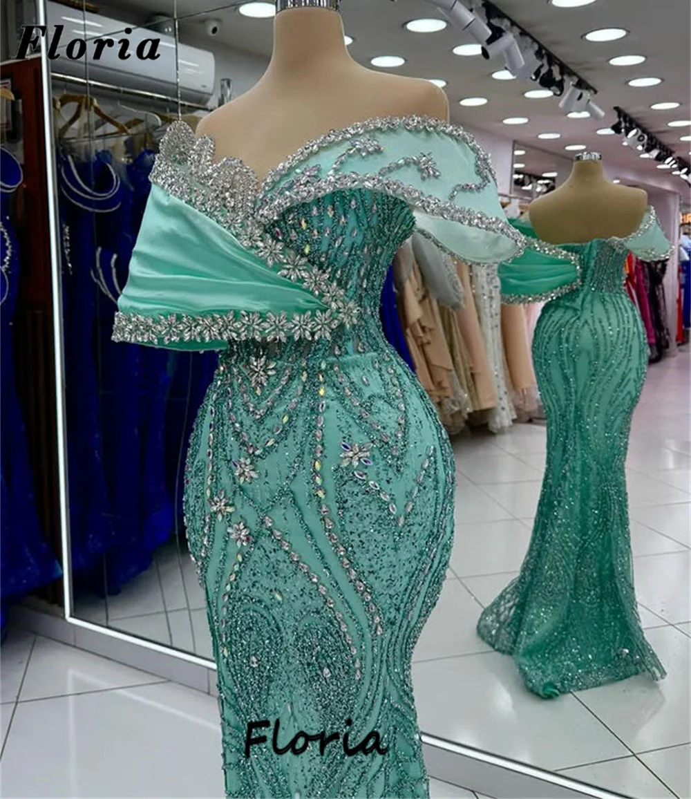 Abiti da ballo a sirena verde menta di lusso Abito da sera da cocktail arabo con spalle scoperte Personalizzato 2026 Abiti da festa di fidanzamento da sposa