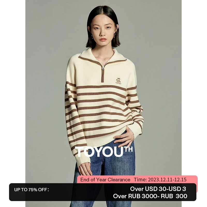 Toyouth Women Sweater 2024 Winter Long Sleeve Zipper Lapel Loose Knitwear Classic Stripes Cat Embroidery Fashion Casual Tops