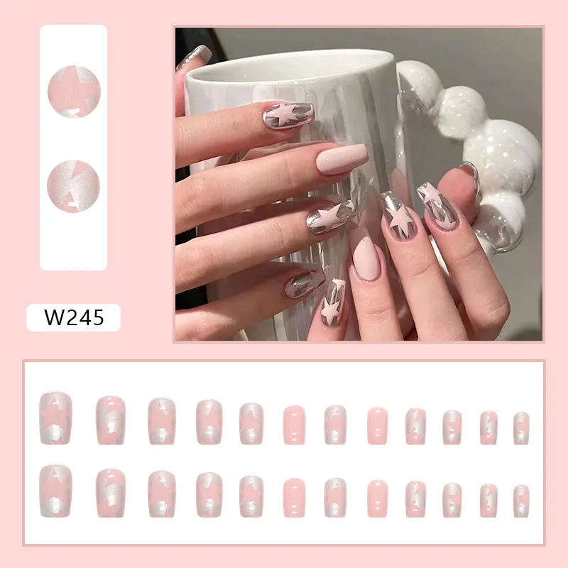 Skin Powder 24 Pcs Press on Nails Pink Gradient Fake Nails Glossy Artificial Finger Manicure Reusable False Nails for Women