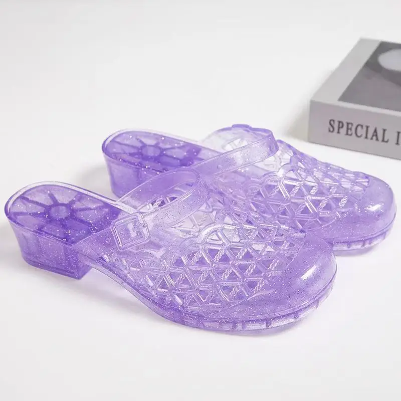 

Women's Summer New Baotou Hollow Out Block Heel Crystal Slippers Soft Sole Home Slipper Transparent Outdoor Beach Slipper Sandal