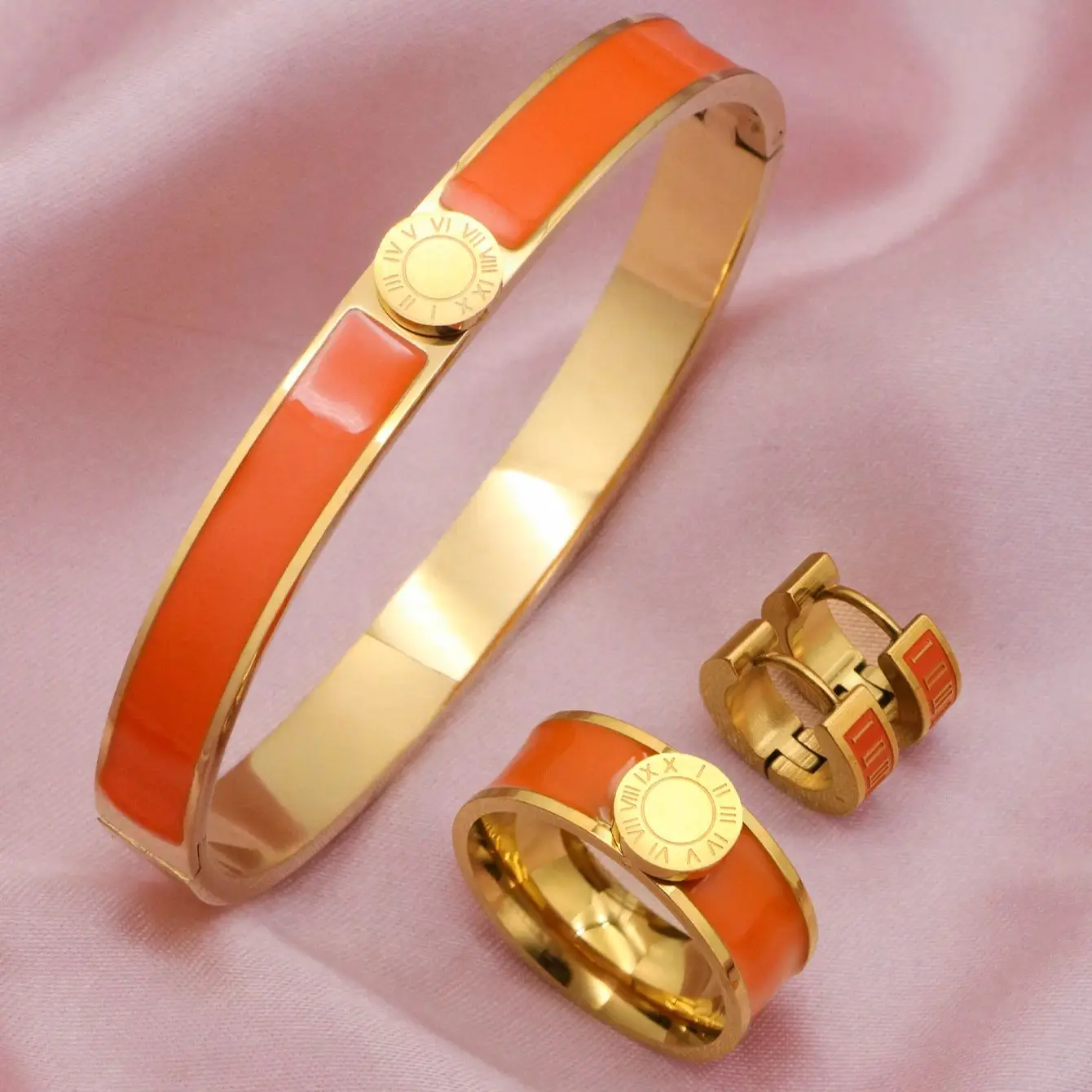 1set/4pcs New Trendy Round Roman Numerals Bracelet Stainless Steel Enamel Bangles Ring Earrings Jewelry Set Women Orange Color