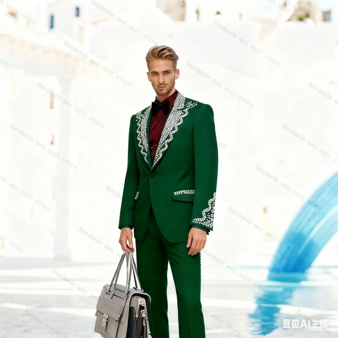 

Green Men Suit Set 2 Piece Crystals Blazer+Pants Prom Wedding Tuxedos Coat Cotton Customized Formal Office Business Jacket