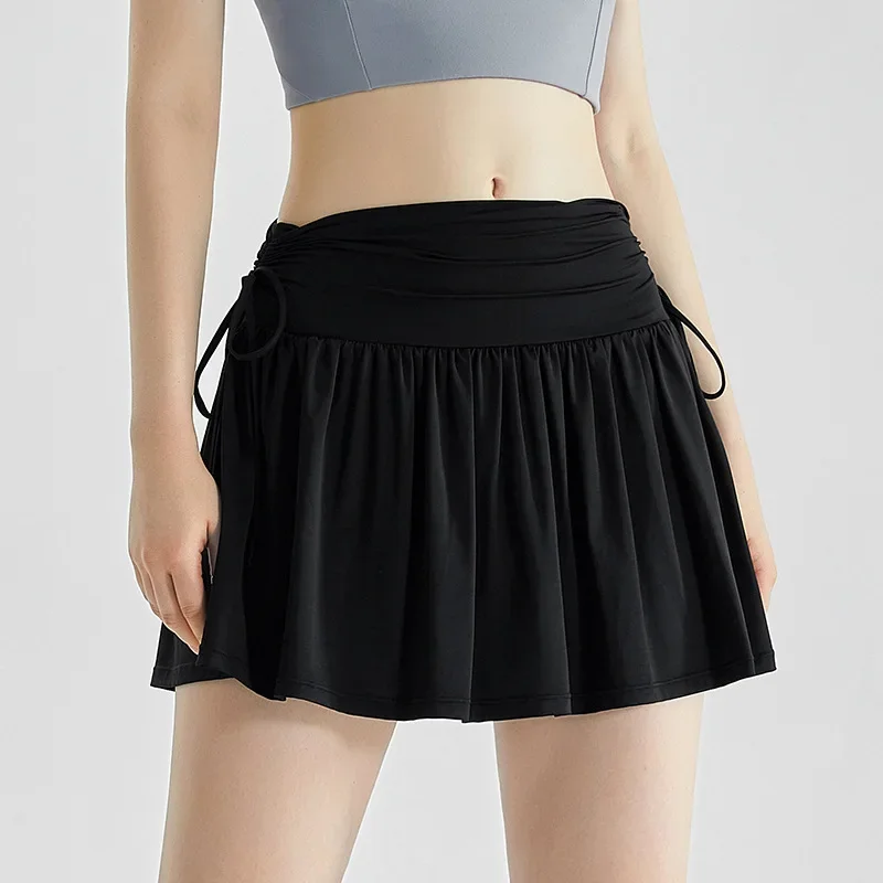 Faux two-piece anti-exposure drawstring hip-hugging pleated sports short skirt, ice silk cool and quick-drying tennis skirt