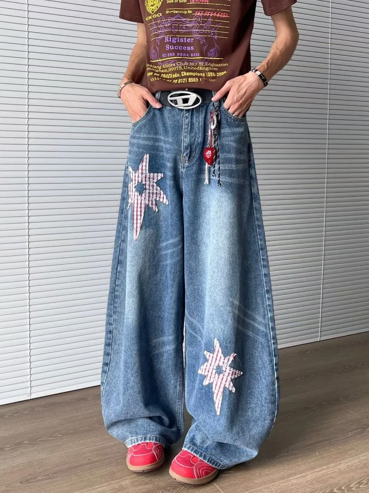 2025年日本のY2Kファッションスター刺繍バギースタックドジーンズパンツメンズ服ヴィンテージブルーストレートゴシックデニムトラウザーズ