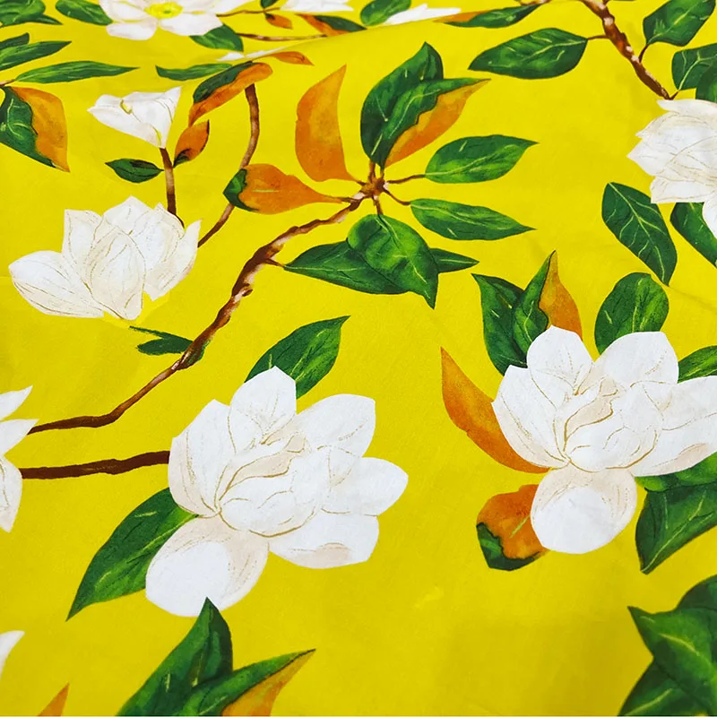 Magnolia Flower Printed Poplin Cotton Or Satin Material Fabric Fow Woman's Summer Dress Handmade DIY Sewing Material