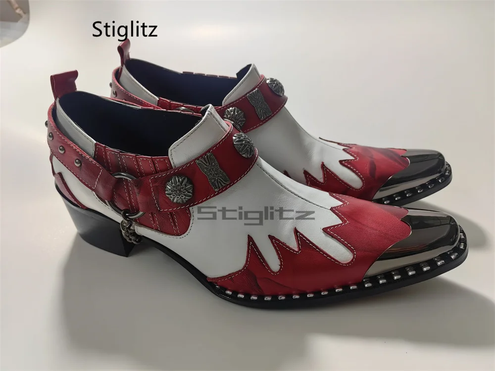 Totem Cowboy Men's Dress Shoes Low Top High Heels Genuine Leather Buckle Strap Metal Toe Handmade Male Party Runway Shoes