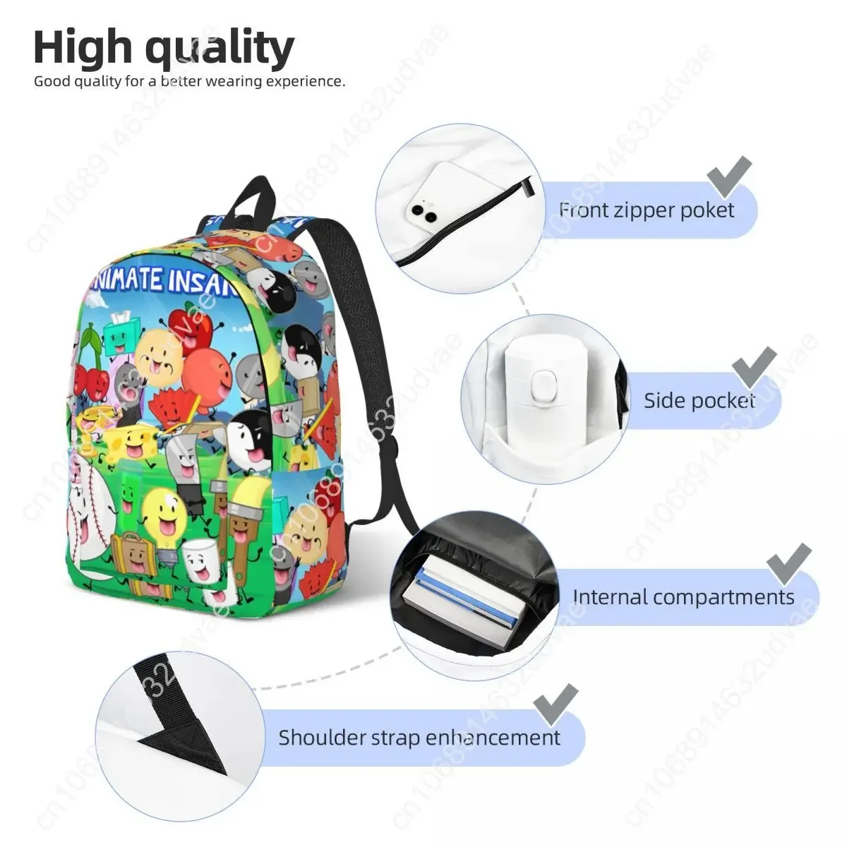 Bfdi Inanimate Insanity Cartoon Backpack untuk Pria Wanita Tas Kerja Kasual Pelajar Semua Karakter Tas Bahu Perguruan Tinggi Luar Ruangan