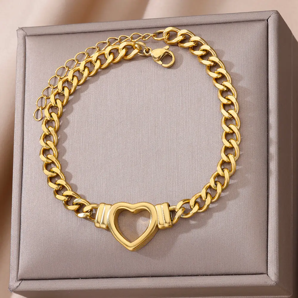 Tobilleras de corazón ahuecado de acero inoxidable para mujer, cadenas de Color dorado, joyería para mujer, regalos, un conjunto de pulseras y tobillos