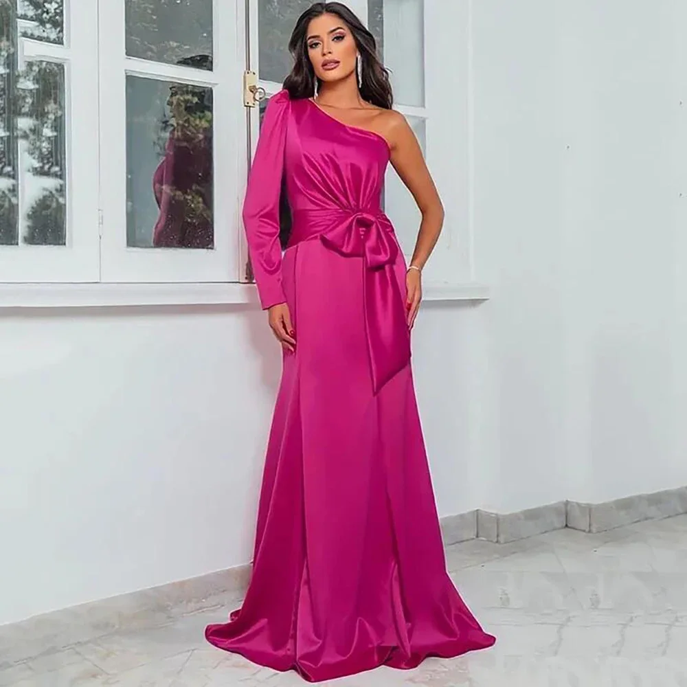 Fuchsia Prom Dresses for Women One-Shoulder Bow Belt Elastic Satin A-Line Evening Gowns Formal Elegant Sweep Train Party Dresses