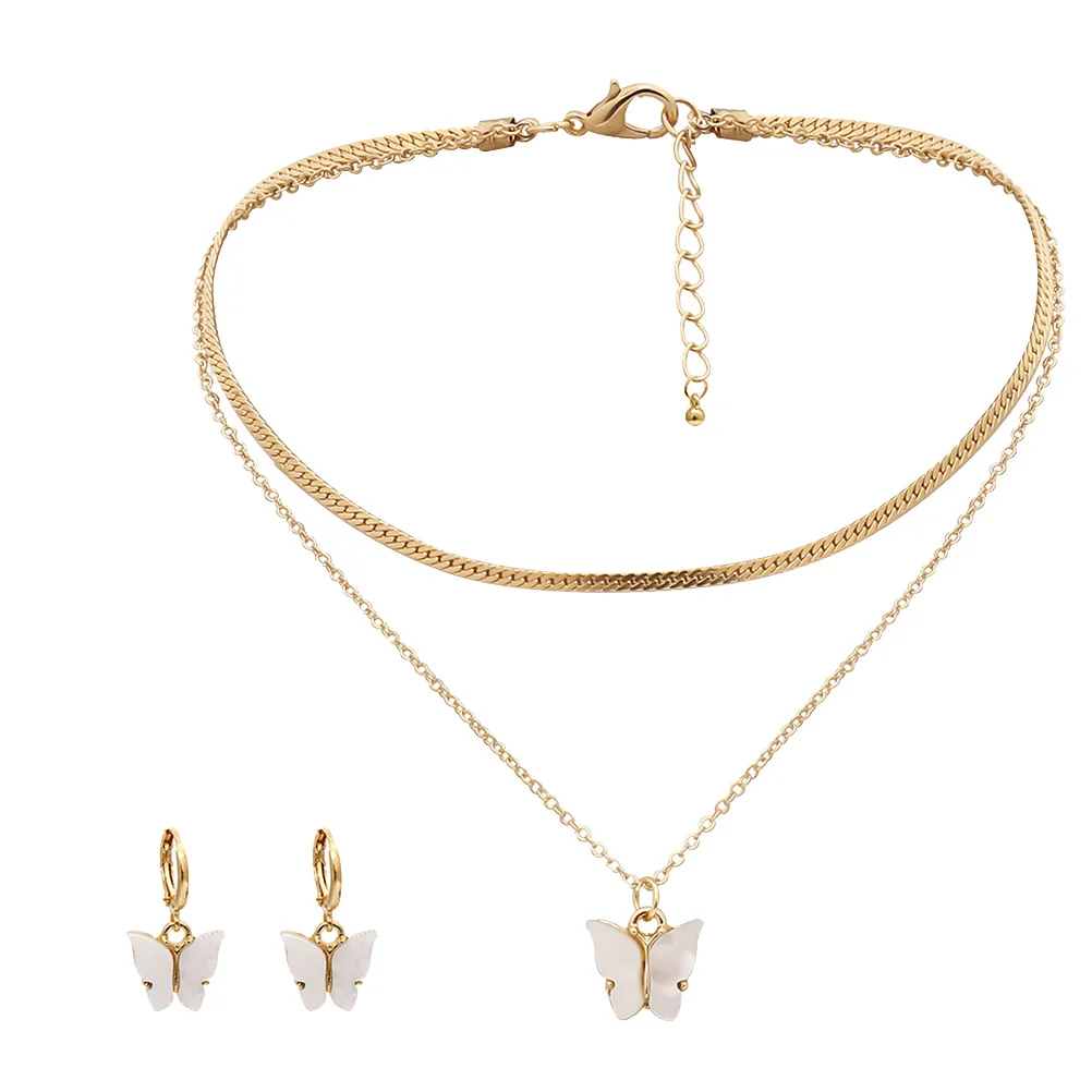 

Butterfly Necklace Earrings Set White Winged Pendant Collarbone Chain Jewelry for Girls Fashion Accessory Gift Idea