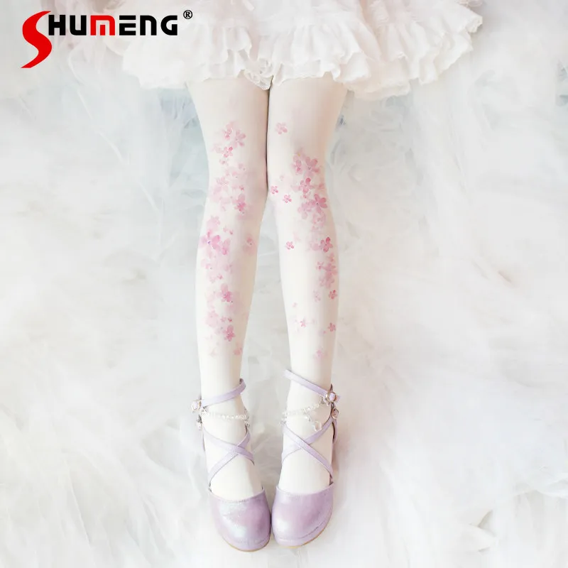 

Kawaii Sweet Lolita Socks Sakura Pantyhose New Japanese Style Stockings Girl Rojita Outer Wear Tights White Stockings For Ladies