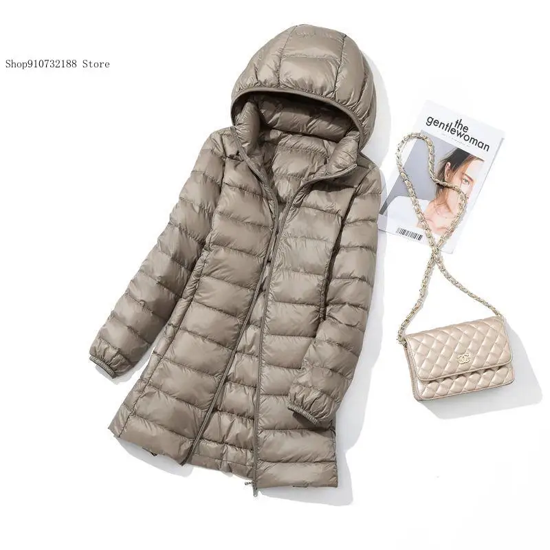 Stylish European and American Women Long Down Jacket with Detachable Hood Perfect for Casual and Commuting Lightweight and Warm