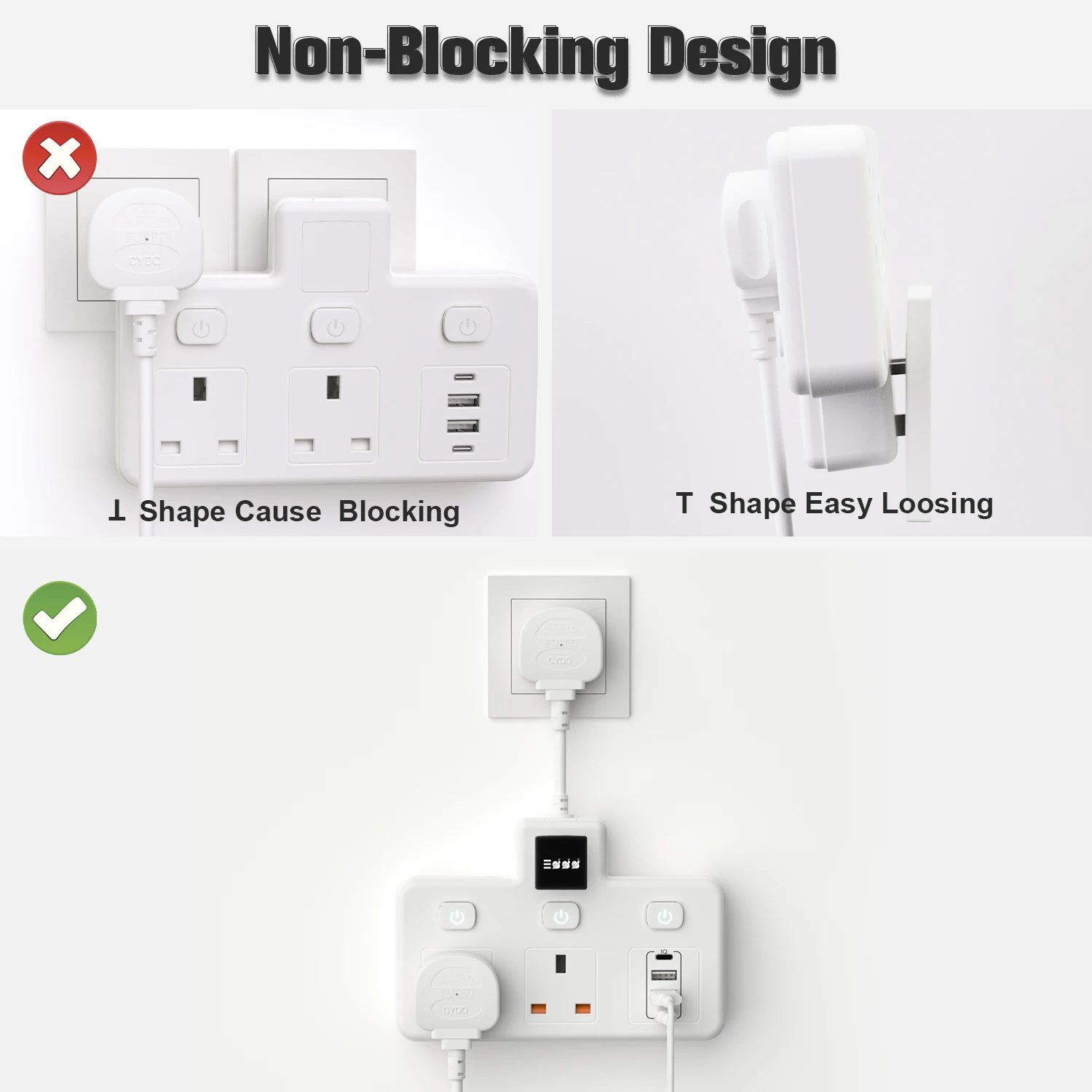 UK Multi Plug Power Strip Extension with Individual Switch, Electrical Outlet 2 USB-A 2 USB-C Slots with Adjustable Night Light