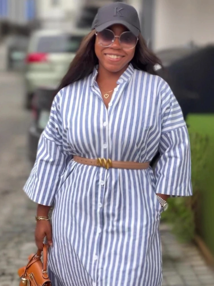 فستان نسائي طويل فساتين قميص عالية الخصر من Vestidos Y2k ملابس الشارع مخططة أنيقة بأكمام قصيرة للحفلات الليلية والعمل غير الرسمي #4