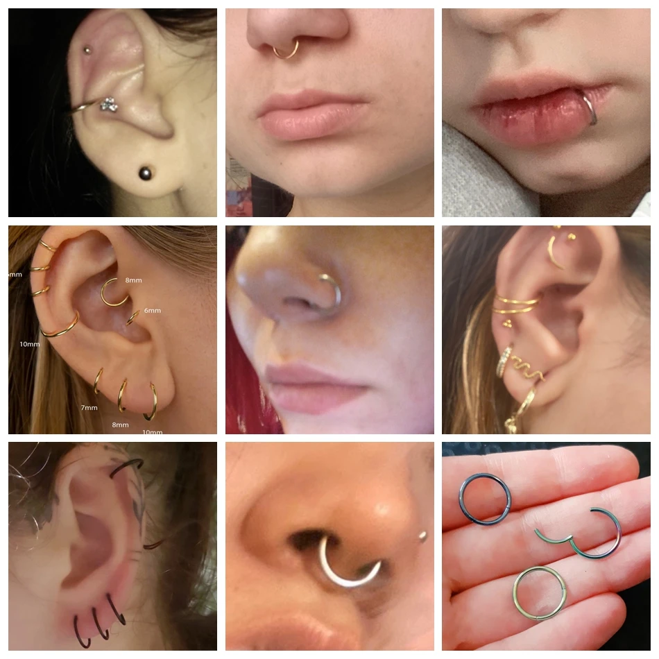 Aço Dobradiça Segmento Nariz Hoop Anéis, Septo Piercing, Daith Brinco, Cartilagem Lábio Piercings, Mulheres Jóias, 14G-20G, 10 peças por lote