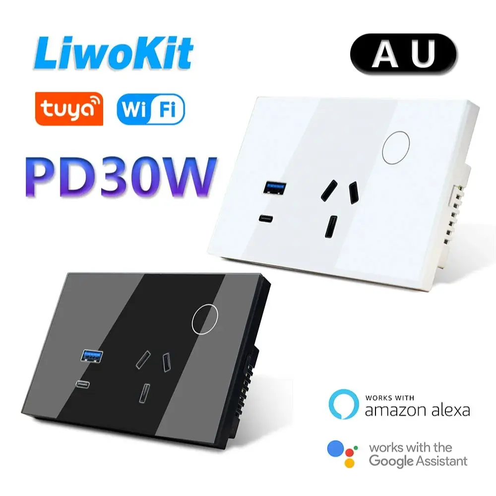 LiwoKit AU Tuya Wifi مقبس الحائط الذكية WIFI التوصيل USB TYPE-C PD 30 واط الأرجنتين منفذ الطاقة اللمس عن بعد بواسطة Alexa Google Home