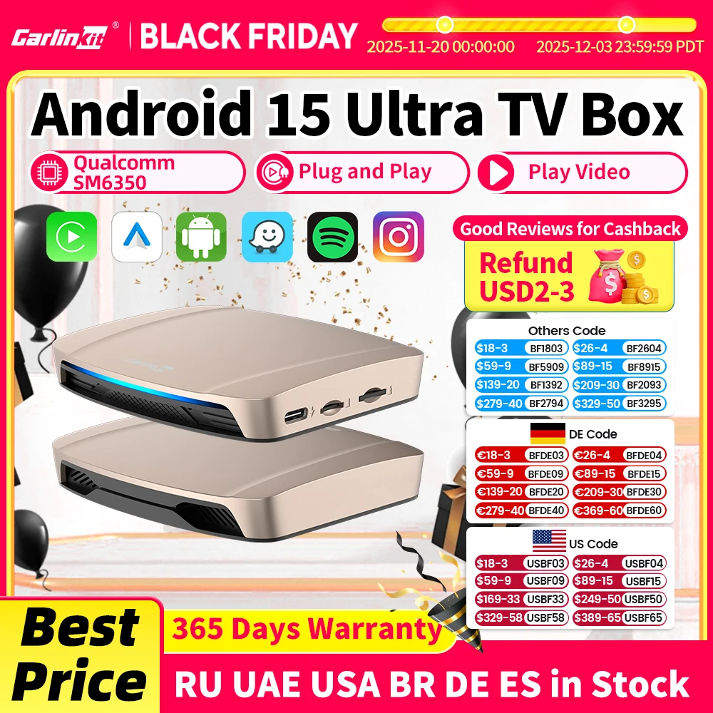 

CarlinKit 2025 Новый Android 15 Ultra 8 ГБ + 256 ГБ CarPlay Ai Box Wireless CarPlay Android Auto GPS SM6350 8-ядерный процессор для Netflix YouTube