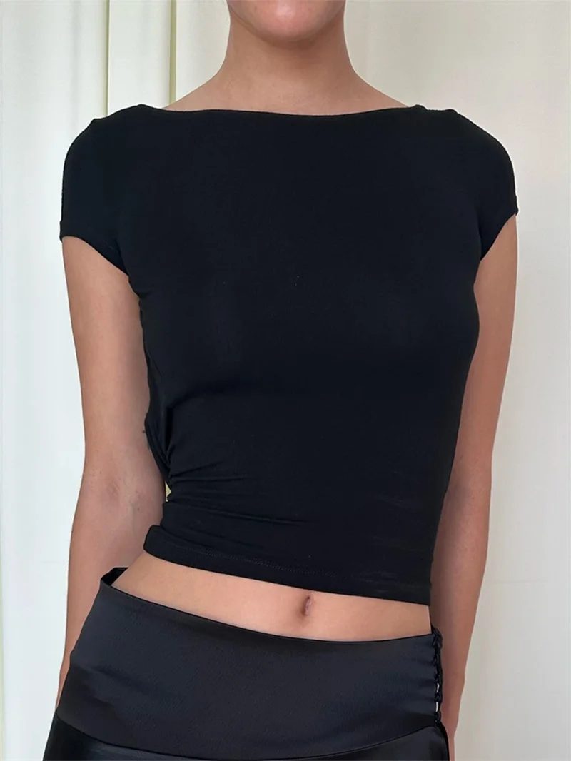 Zomer Zwart Pikant Meisje Open Rug T-Shirt Sexy Slim Fit Korte Top Straat Ronde Hals Open Navel Fitness Sport Korte Mouw