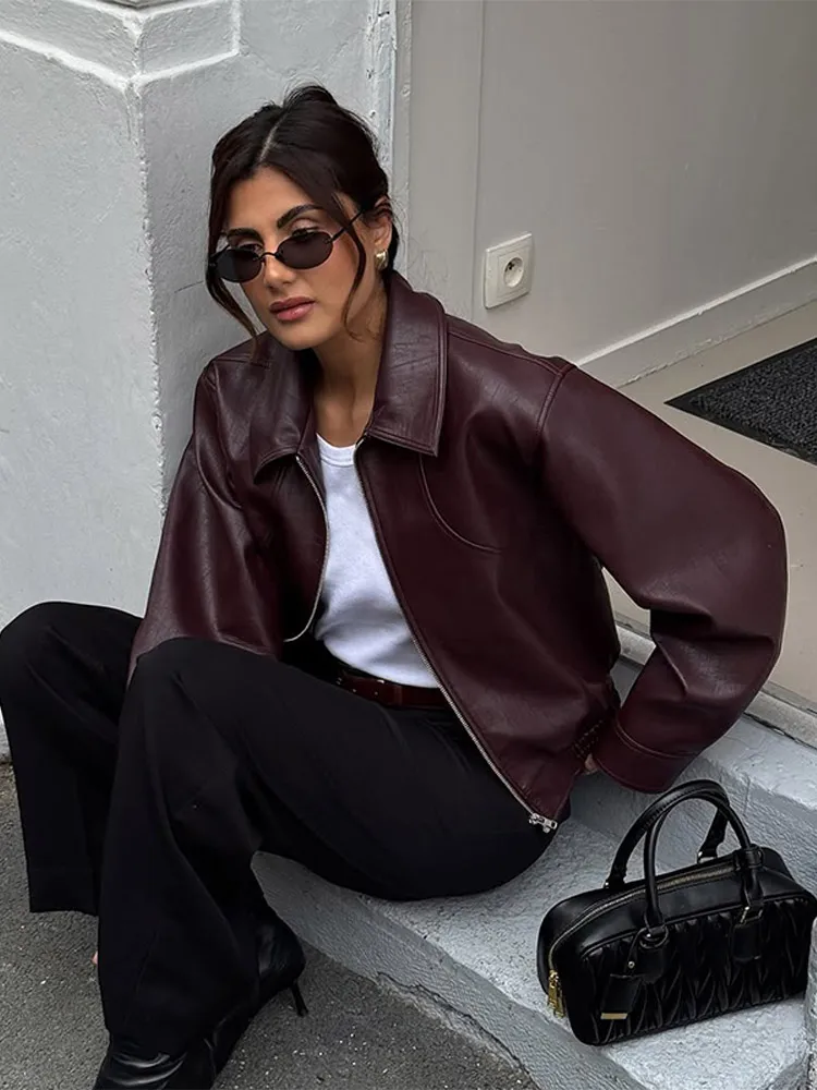 Vintage Wine Red Loose Short Leather Jacket Women Fashion Lapel
