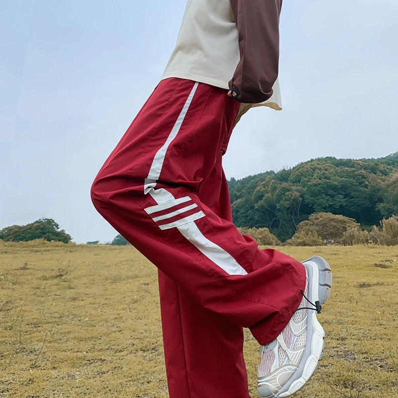 

Мужские летние брюки в американском ретро-стиле, полосатые, из ледяного шелка, винно-красные, рабочие, оверсайз, функциональные, повседневные