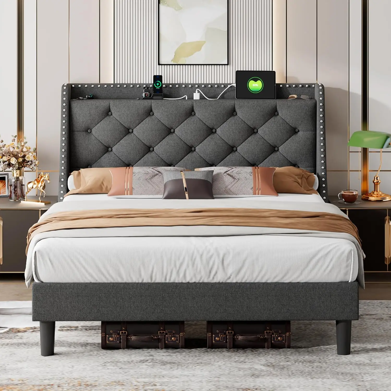 USB & Type-C Ports, Upholstered Platform Beds with Button Tufted Storage Headboard