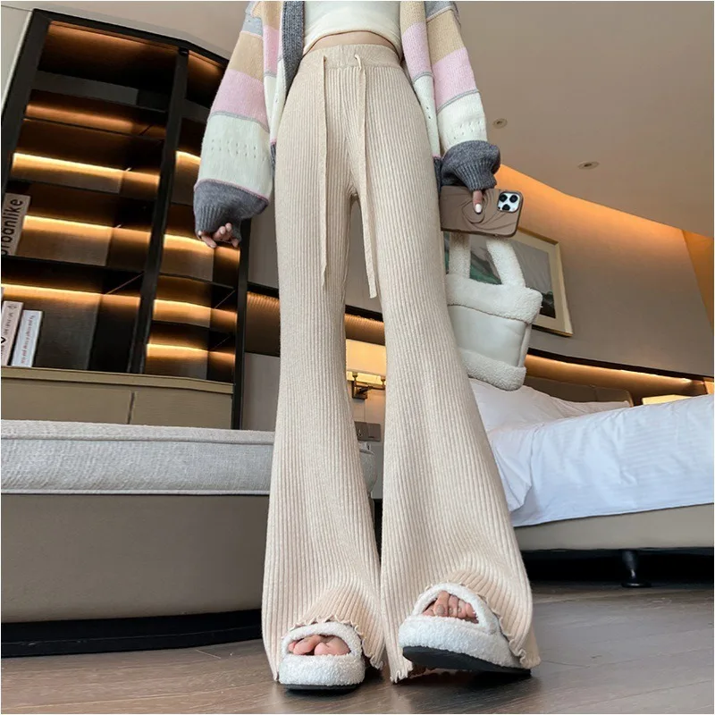 Soft Textured Knitted Pants Autumn Winter Thick High Waist Slimming Wide Leg Pants Loose Casual Hanging Slightly Flared Pants