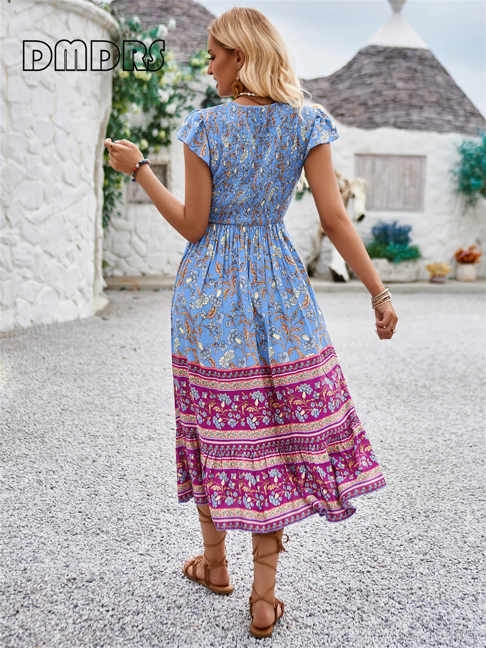 New Summer Women Bohemian Long Dress Beach V Neck Printed Floral Casual Dresses Flare Sleeves Mid-calf Party Skirt