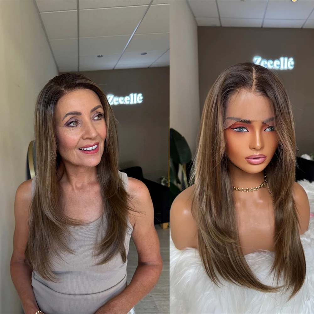 

Коричневые парики для женщин 13x4 HD Парик фронта шнурка 24 дюйма Длинный прямой парик Брюнетка Мягкие светлые мелированные парики Термостойкие волокна