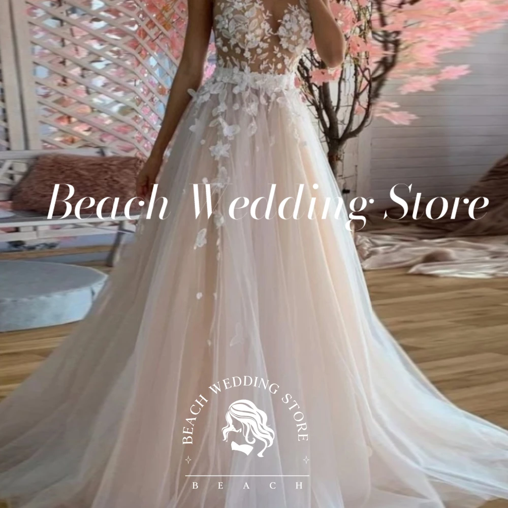 Beach Customized wedding Dress Flower For Women A-Line Deep V-Neck Appliques Sleeveless Backless Tulle Floor Length Bridal Gowns