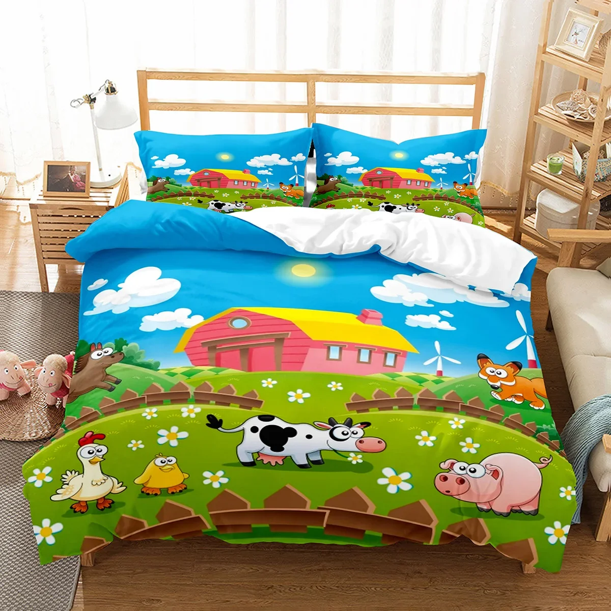 Farm Animals King Queen Duvet Cover Kids Cartoon Cow Bedding Set Deer Wooden House Chick Quilt Cover Polyester Comforter Cover