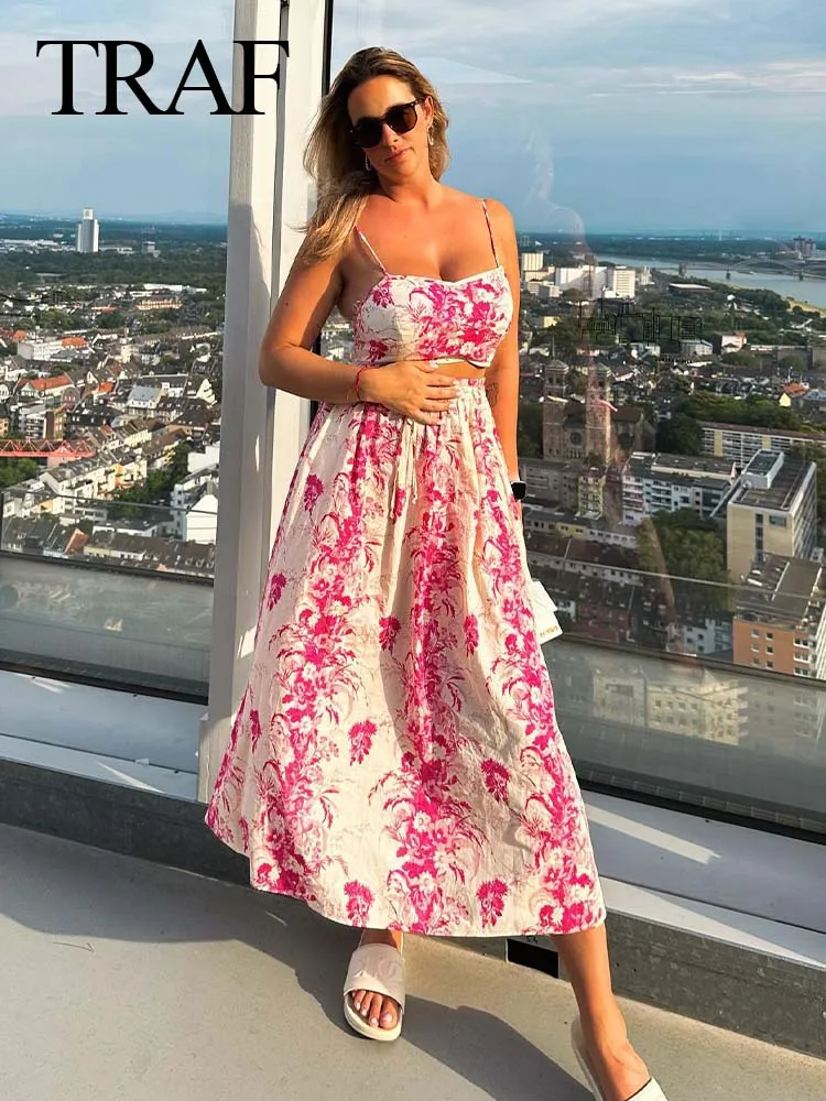 TRAF Women Fashion Summer Chic Suits Pink Sleeveless Backless Crop Top+Printed Drawstring A-Line Skirt Female Bohemian Sets