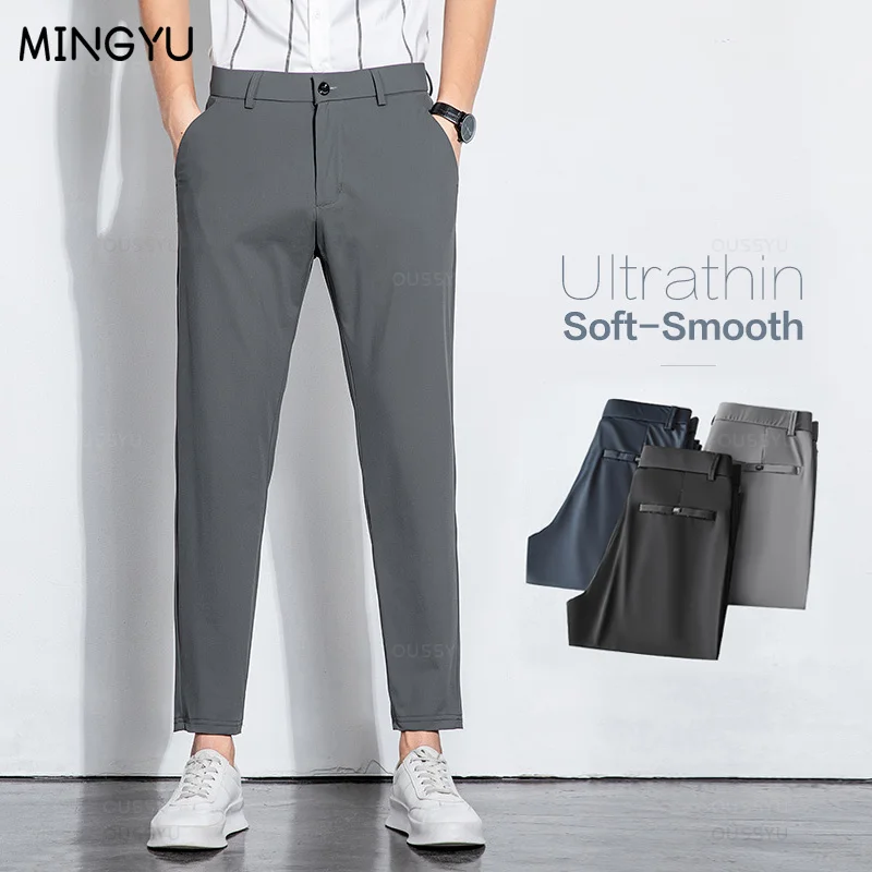 

MINGYU Brand Clothing New Summer Smooth Ankle-Length Pants Men Thin Business Suit Pant Solid Color Stretch Casual Trousers Male