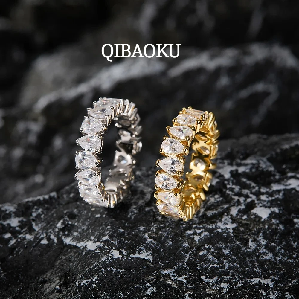 QIBAOKU Pear Cut Full Moissanite Rings 925 Sterling Silver GRA Certified Lab Diamond For Women Eternity Wedding Bands Jewelry