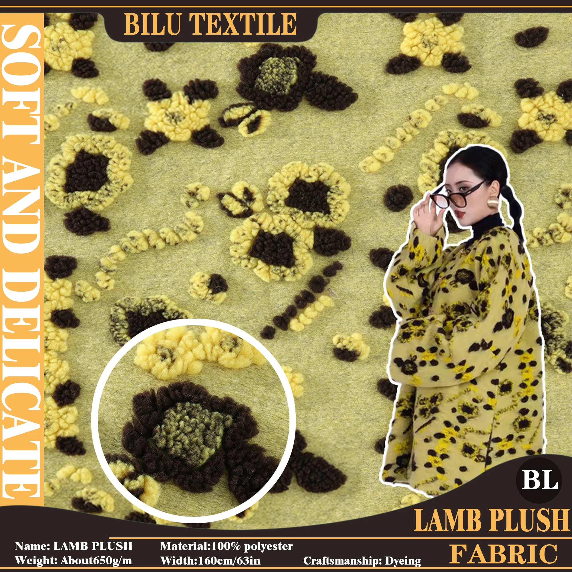 

650g/M 2m Thickened Dimensional Black Flowers Lamb Plush Knit Fabric DIY Sewing Vest Hat Coat Winter Warm Hoodies Clothing Cloth