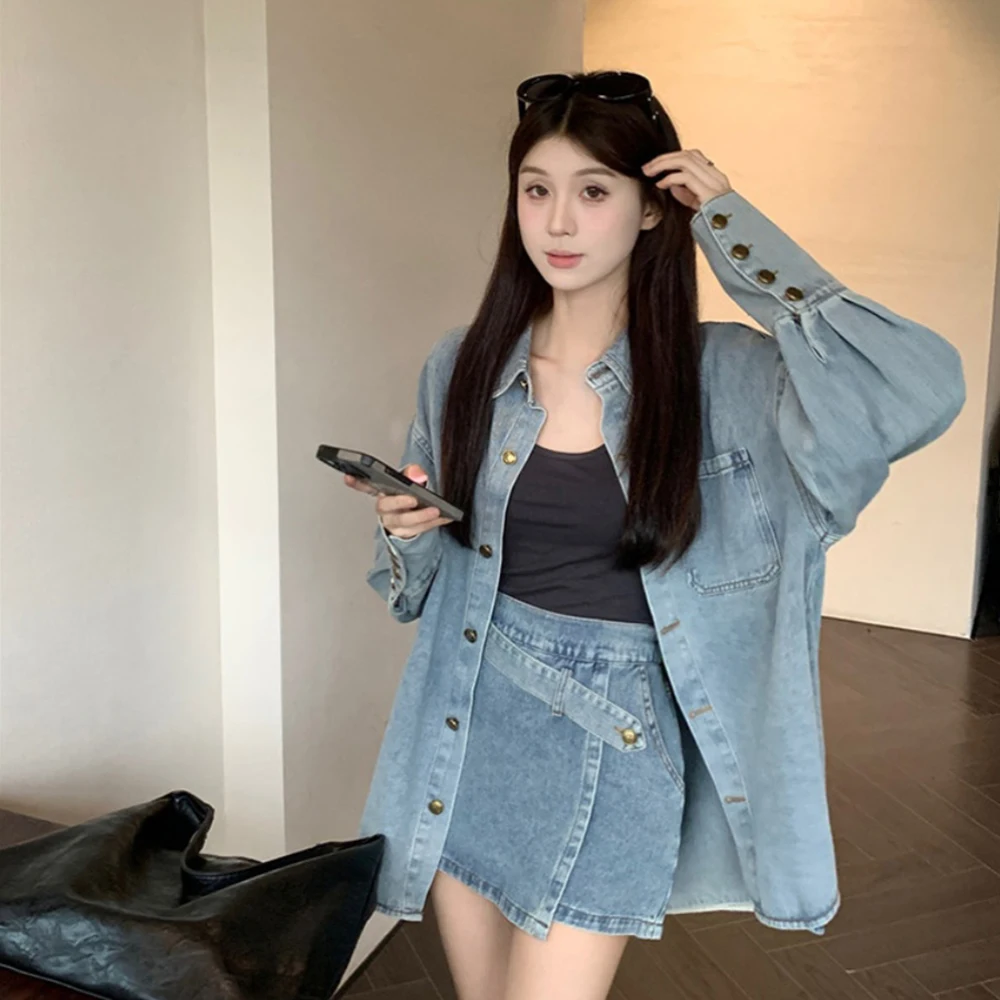 Retro Fashion Denim Set for Women\'s Spring 2024 New Long Sleeve Denim Shirt High Waist Slim Half Skirt Pantskirt 2piece Suit