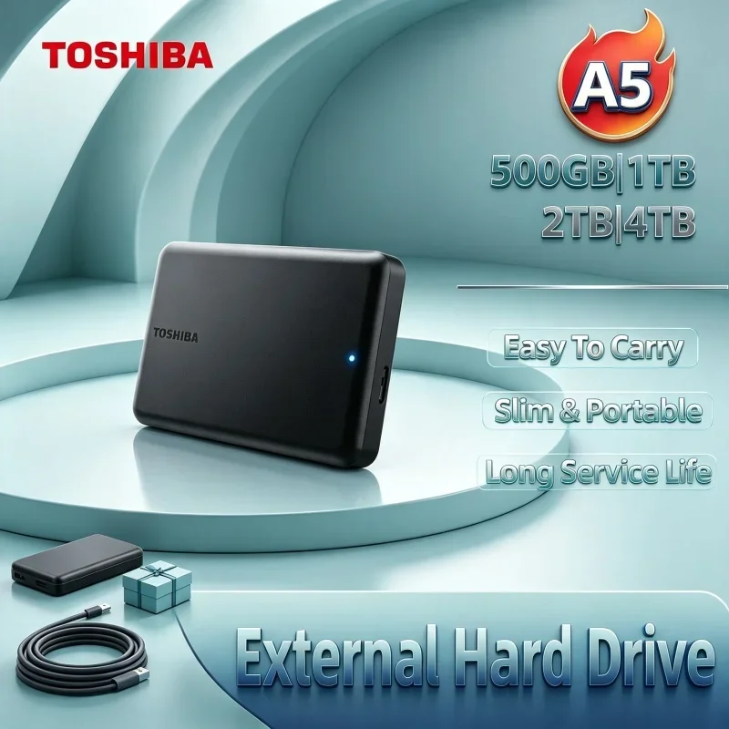 Mini Lightweight Toshiba A5 Series Hard Drive USB3.2 Gen1 500GB-4TB Quick Transfer Black Portable Storage Compatible Mac