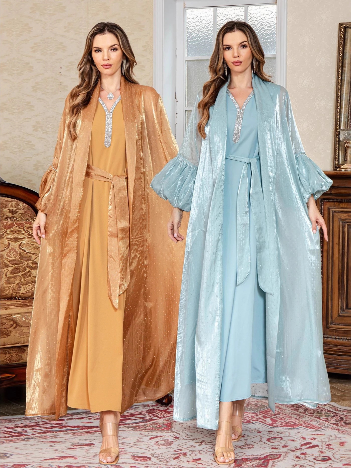 Eid Frauen 2-teiliges Set Muslimisches Abaya Perlenkleid Strickjacke Schnürung Jalabiya Ramadan Vestidos Largos Lange Robe Marokko Kaftan