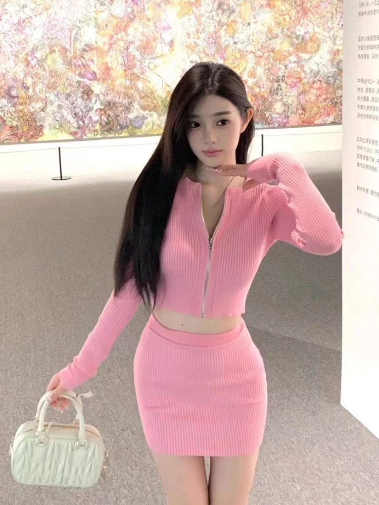 2023 Pink Knitted Suit Woman Elegant 2 Piece Sets Korea Fashion Clothing Casual Crop Tops Cardigan + Slim Bodycon Y2k Mini Skirt