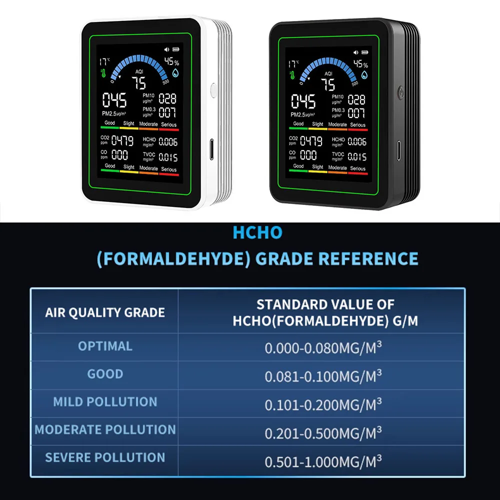 10-in-1-Luftqualitätsmonitor, Kohlendioxid-Monitor, Formaldehyd-Detektor, Temperatur- und Luftfeuchtigkeitsmonitor, 1 Stück – Detail 2