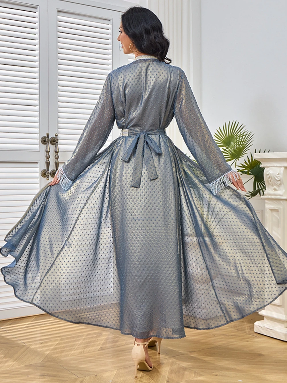 Affordable Two Pieces Maxi Evening Dress Kaftan Fringe Cuffs Flower Decor Loose Prom Gown For Women Daily Wear New Arrival