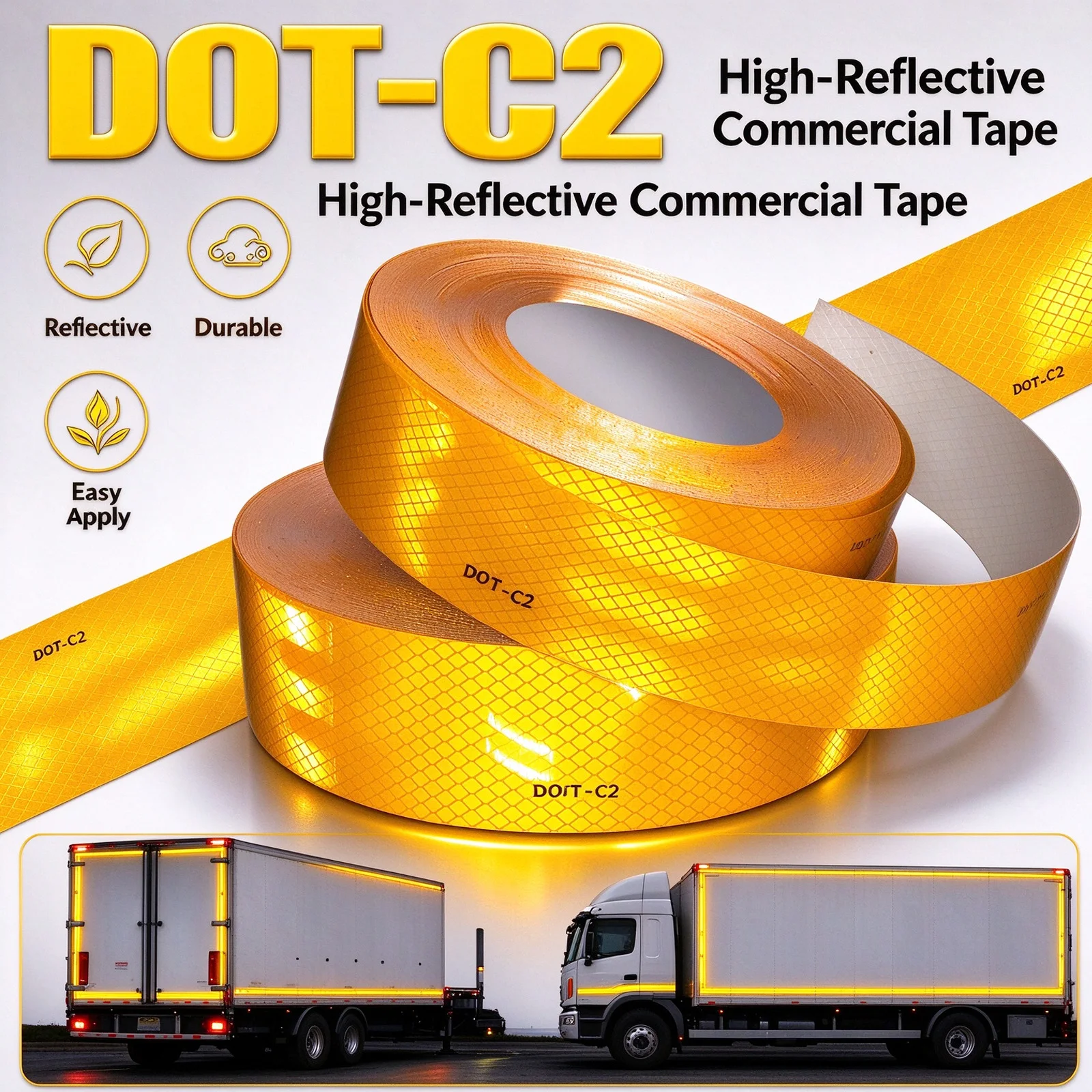 9.8M High Brightness Reflective DOT-C2 Yellow Tape Self-Adhesive Safety Protection for Trucks Car Construction Site Facilities