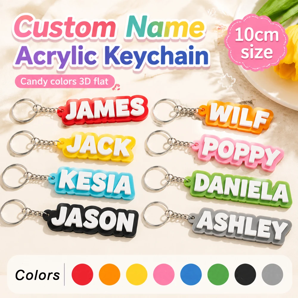 Portachiavi in Acrilico Personalizzato con Nome 10cm, Targhetta 3D Piatta in Colori Pastello per Bambini/Membri della Famiglia, Etichetta ID per Borsa