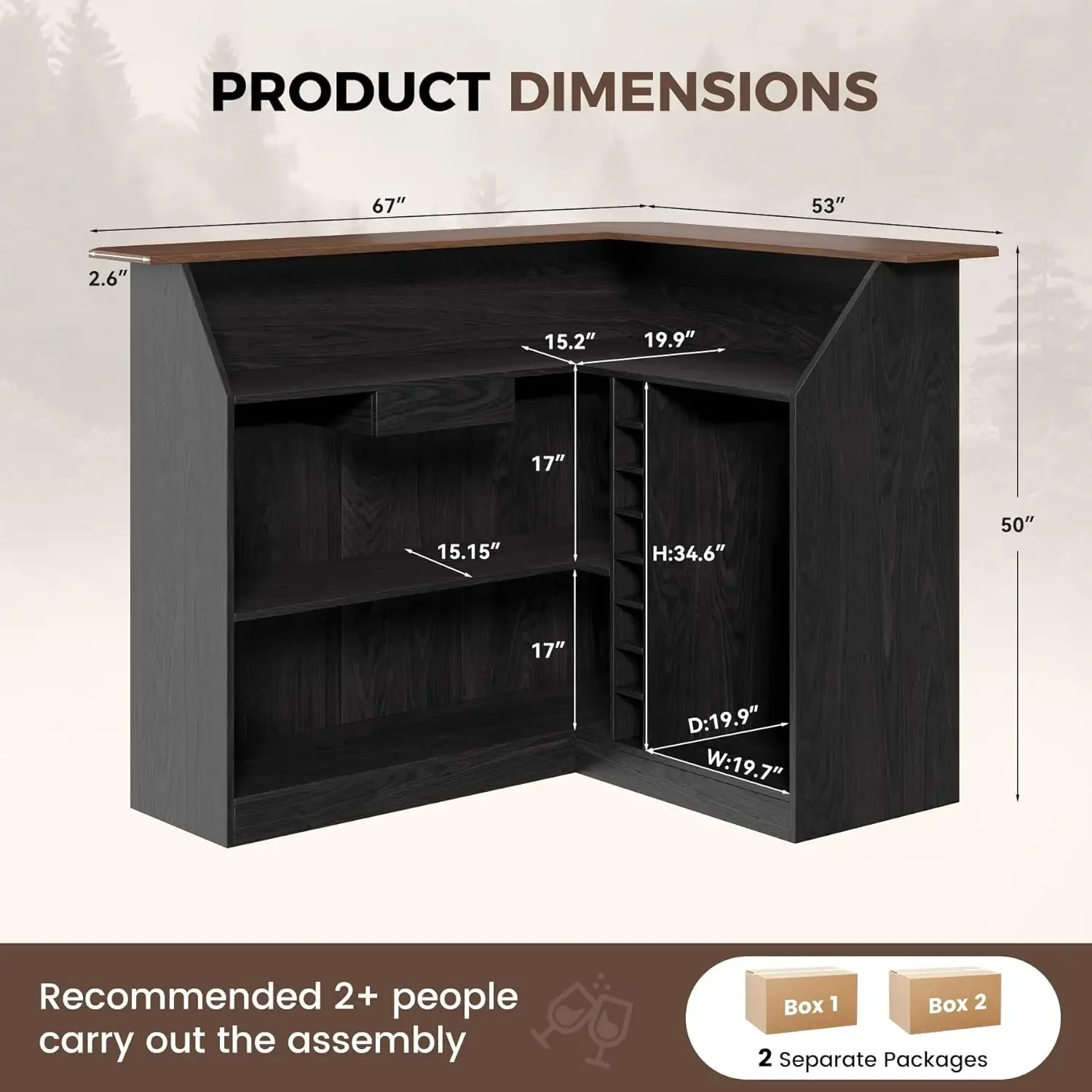 67”/53” L Shaped Home Bar Unit with Fridge Space, Bar Cabinets for Home with LED Strip, Basement Bar Table with, Customized