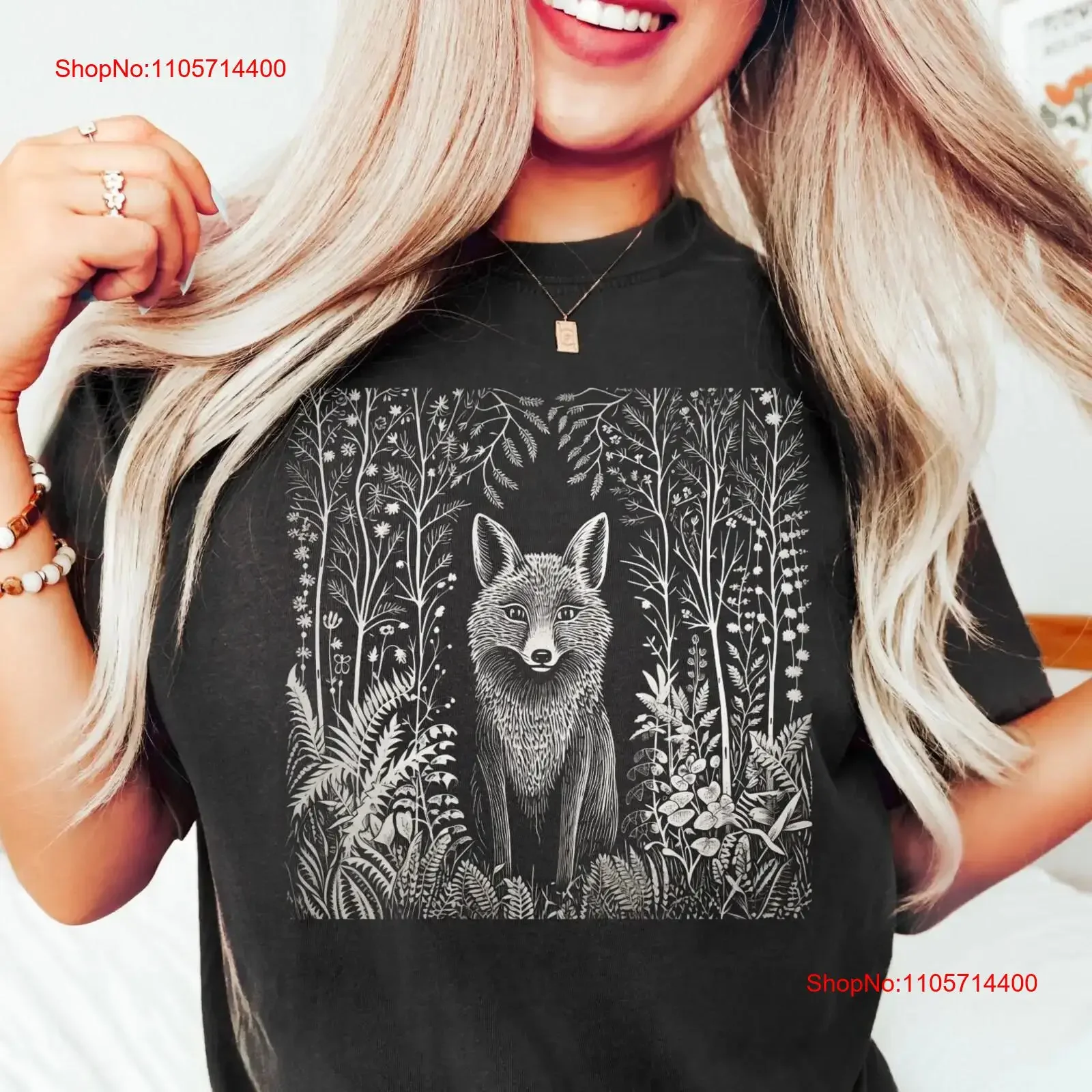Folklore Forest Fox Lino PrinT T Shirt Vintage Forestcore Folk Art Linocut Cottagecore Aesthetic vintage Washed Stretched